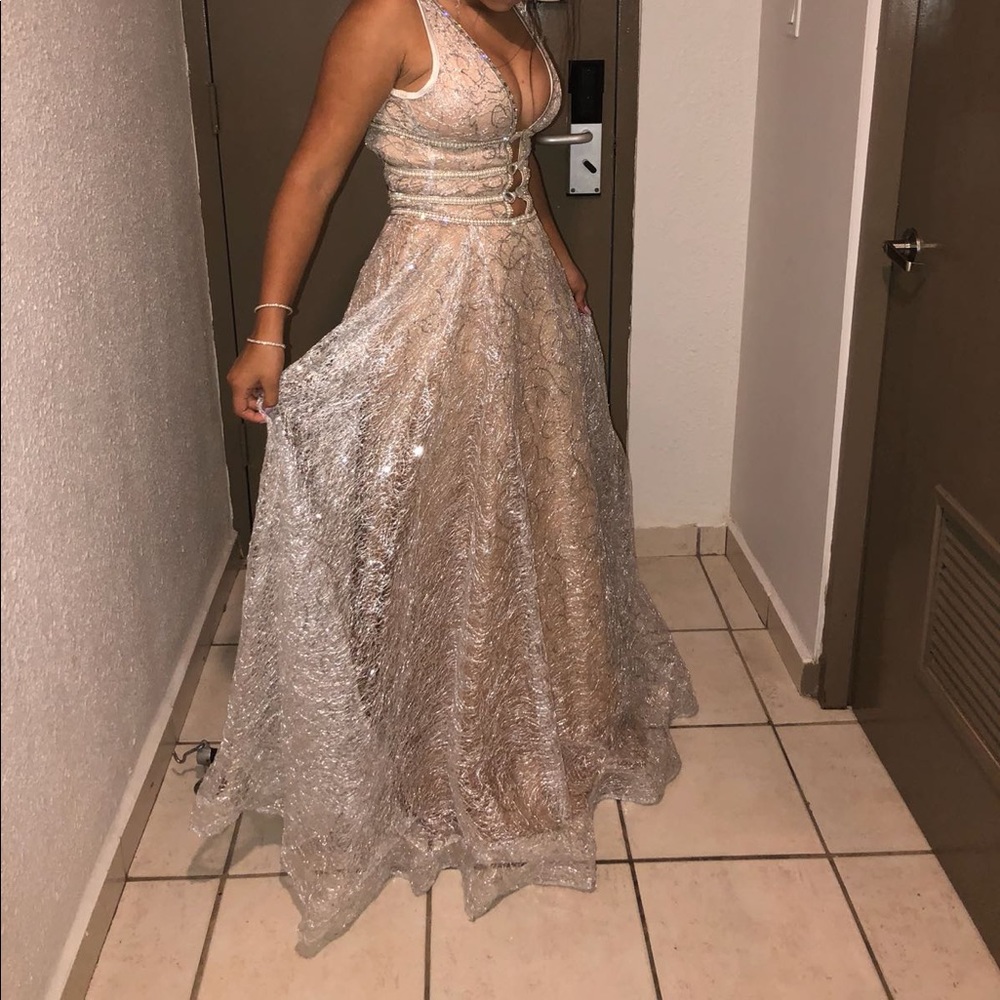 nude and silver prom dress
